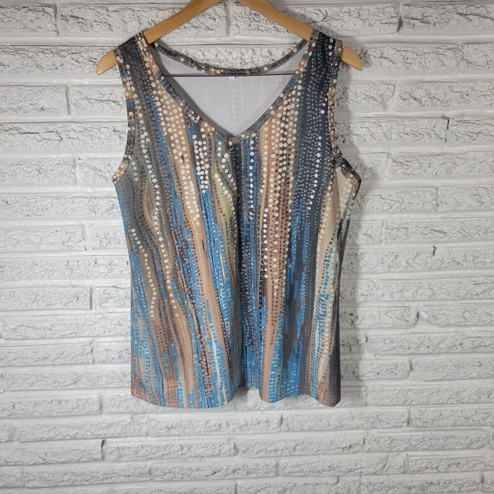 Women Top Extra Large XL Tank Sleeveless Blue Geometric Cotton Blend GEO66E